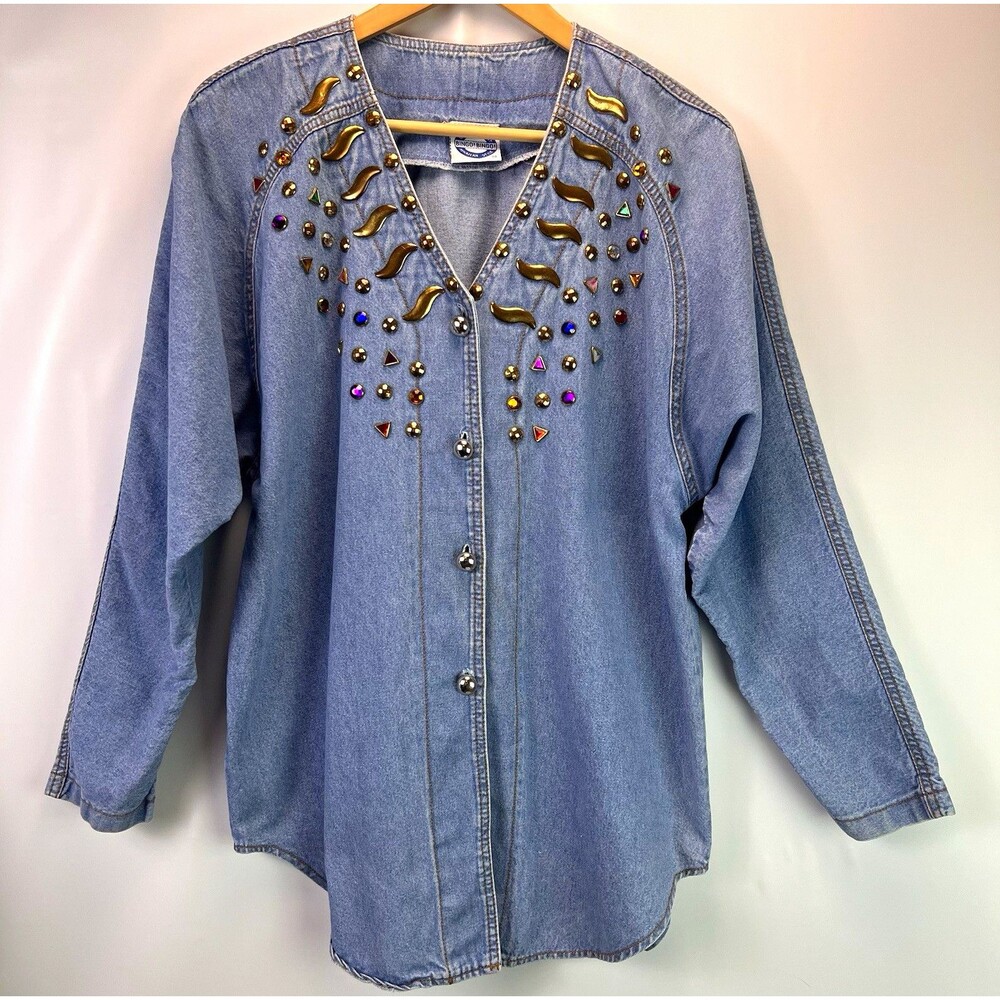 Vintage Bingo Bingo Denim Shirt Womens 10 Rhinestone Studded Western 90s USA